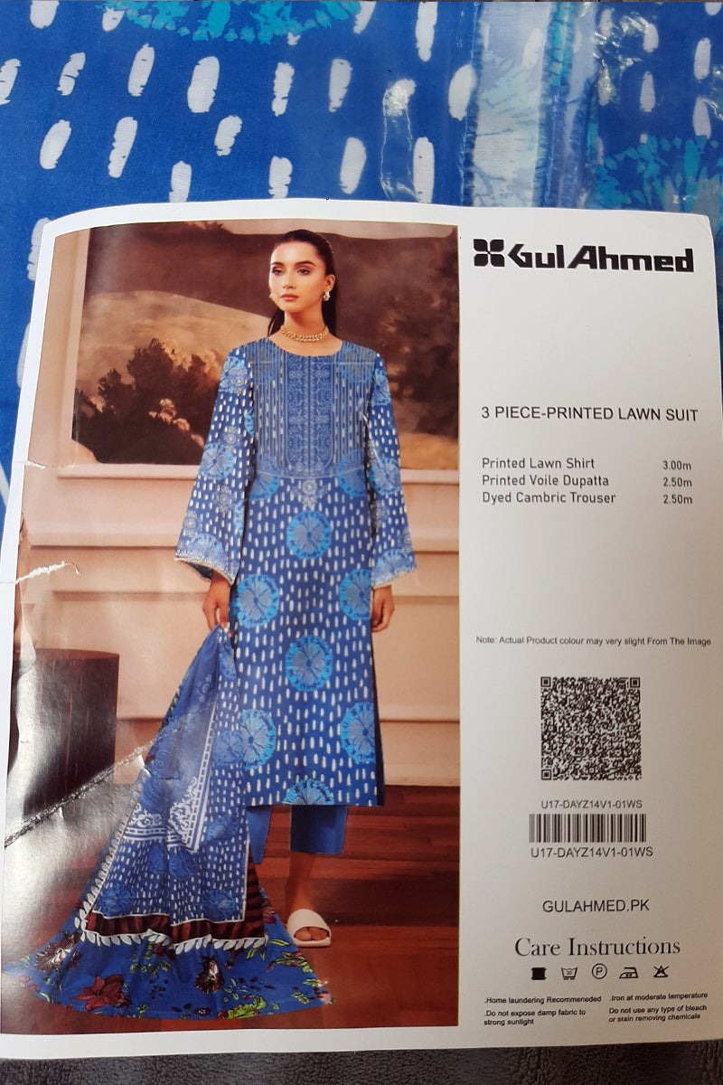 Gul Ahmed 3pc Blue lawn Unstitch
